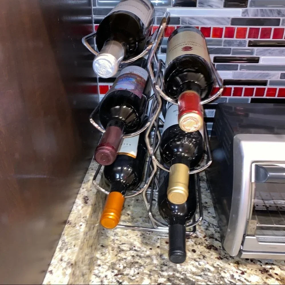 Wine Rack Silver Metal Stand‎ Fits 6 Bottles